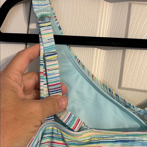 LANDS' END Striped Tankini Bathing Suit Top Cinched 14DD Aqua Adjustable Bra - Picture 6 of 8